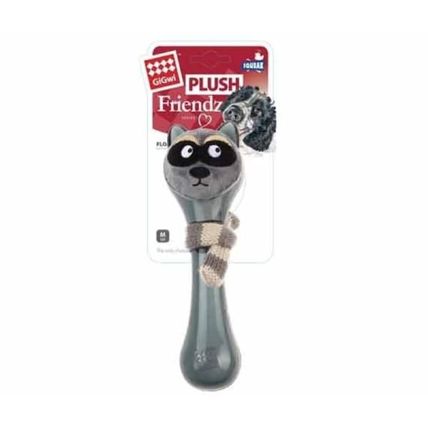 Gigwi Plush Friendz Dog Toy Grey Squeaker Racoon With Knitted Scarf