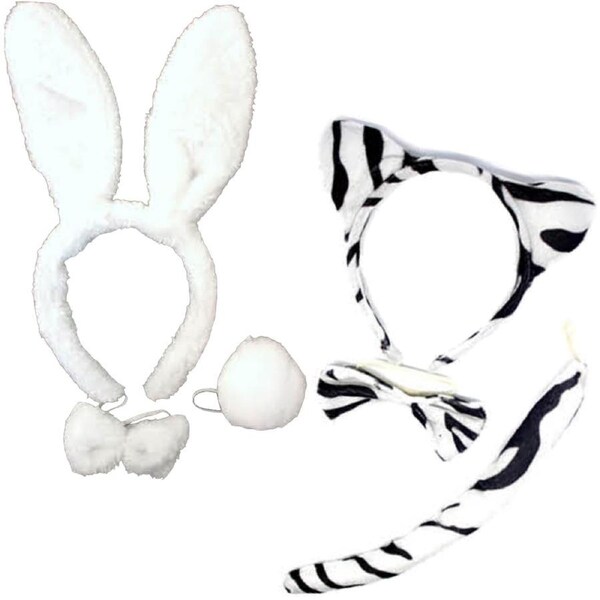 2pc Set Animal Headband w Bow Tail Rabbit + Zebra Ears Costume Halloween Party