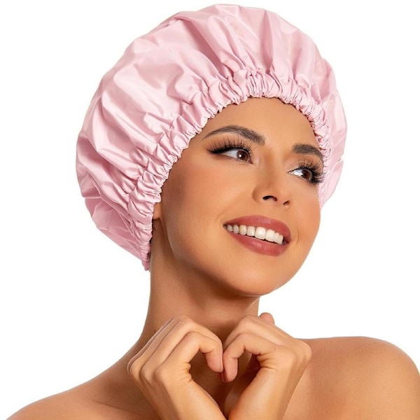 Womens Double-Layer Waterproof Shower Cap Reusable Hat Bath Hair Treatment