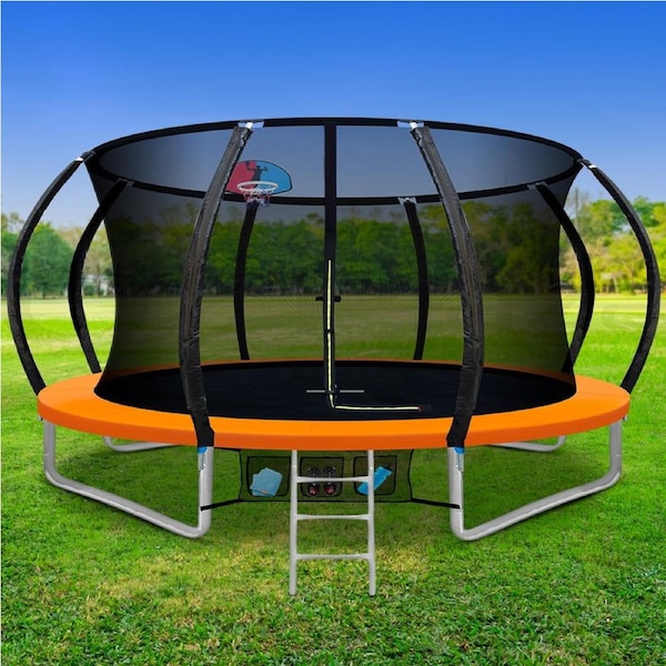 Everfit 12FT Trampoline for Kids w/ Ladder Enclosure Safety Net Rebounder Orange