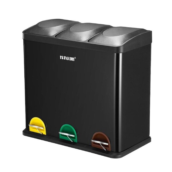 54L Rubbish Bin Triple Compartment Pedal Recycling Kitchen Waste Garbage Household Stepbin Coated Steel Black