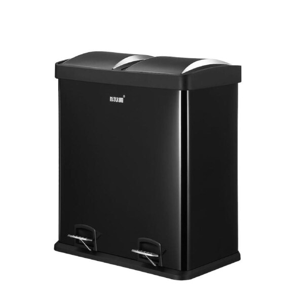 60L Rubbish Bin Dual Compartment Dustbin Pedal Recycling Trashcan Modern Kitchen Waste Garbage Coated Steel Black