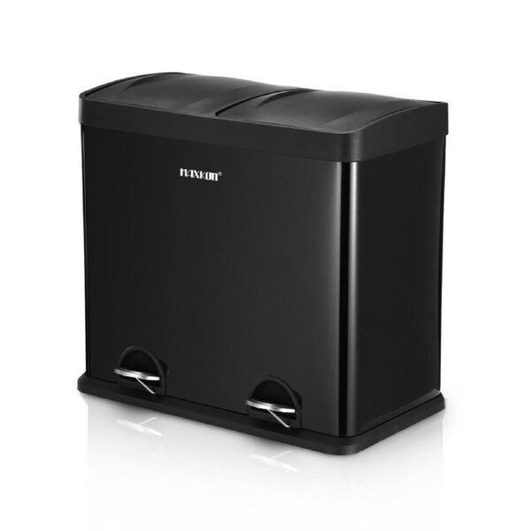 48L Rubbish Bin Dual Compartment Pedal Recycling Trashcan Kitchen Waste Garbage Household Stepbin Coated Steel Black