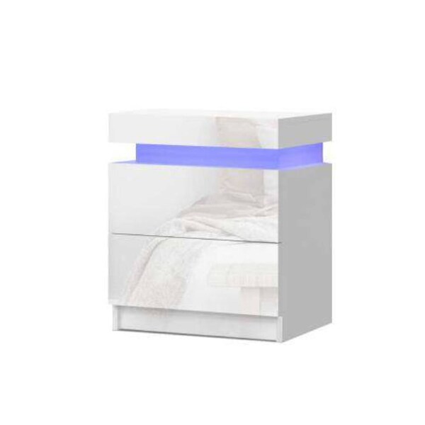 Bedside Tables Side Table Drawers RGB LED High Gloss Nightstand White