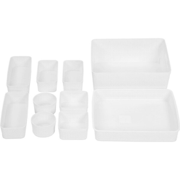 Set of 10 White Plastic Weave Baskets Storage Carry Containers Organiser Boxes Bins