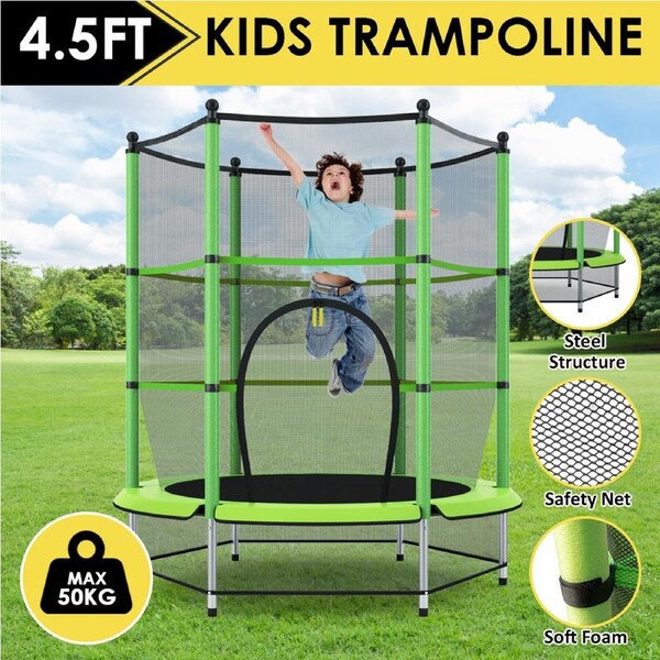 4.5ft Trampoline Round Trampolines w/Enclosure Security Net Outdoor Jumping Green Gift