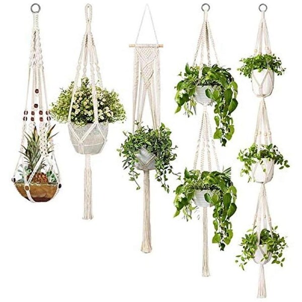 Macrame Plant Hangers, 5-Pack Handmade Cotton Rope Hanging Planters Set Flower Pots Holder Stand