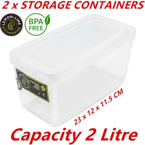 2 x 2L Plastic Food Containers Takeaway Meal Storage Lunch Boxes w Lid BPA Free