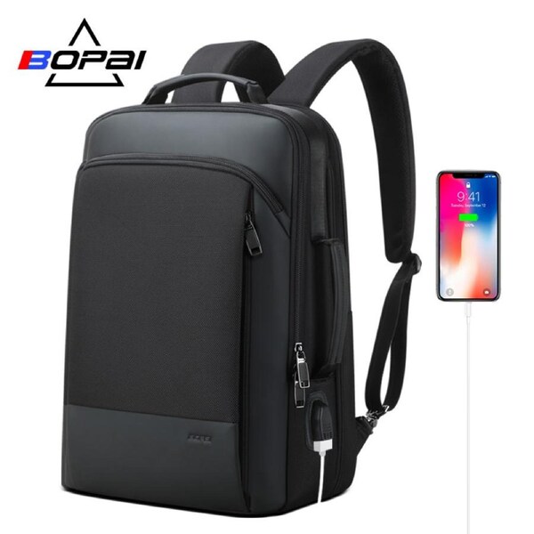 BOPAI Luxury Style waterproof Leather & Microfibre Anti-Theft Business Backpack and Travel Backpack with USB Charging 15.6" Smart Laptop Backpack B07311
