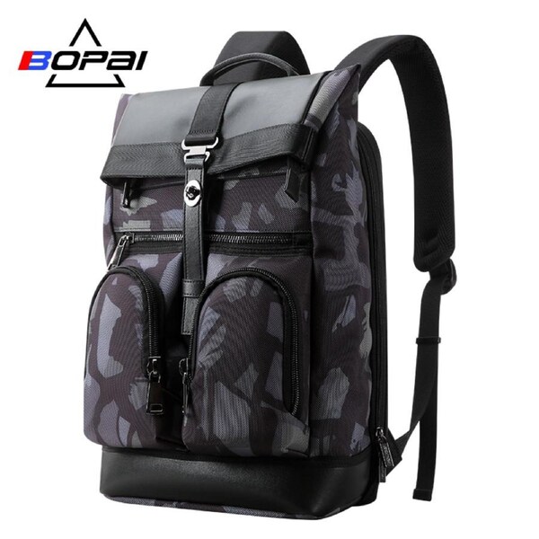 BOPAI Luxury Style waterproof Leather & Microfibre Anti-Theft Business Backpack and Travel Backpack 15.6" Smart Laptop Backpack B4513