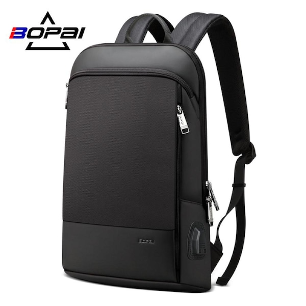 BOPAI Luxury Style waterproof Leather & Microfibre Anti-Theft Business Backpack and Travel Backpack with USB Charging 15.6" Smart Laptop Backpack B7611