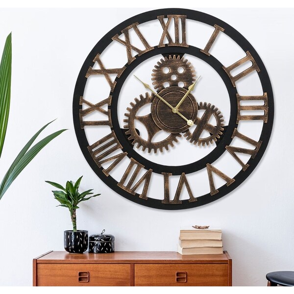 Artiss 80CM Gear Wall Clock Large Vintage Retro Wall Clocks Silent Luxury Art Wood Round Industrial Clocks Home Decor