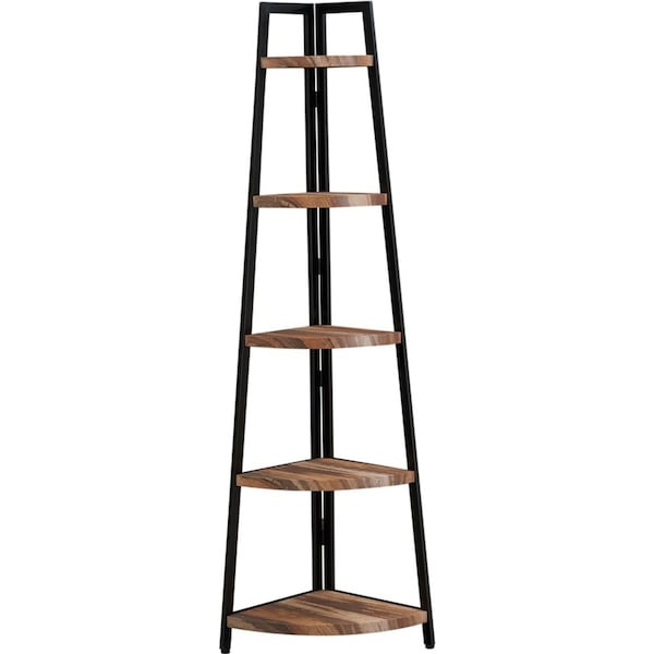 IHOMDEC 5 Tier Industrial Style A-Shaped Corner Bookcase Retro Brown