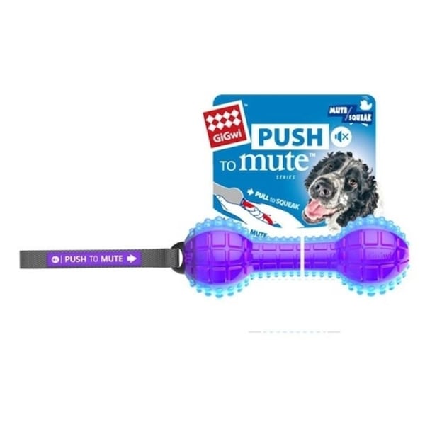 Gigwi Dog Push To Mute Transparent Squeak Toy Dumbell Purple Blue