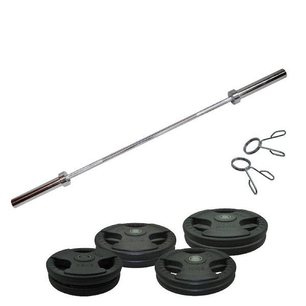 Total 114kg - 150cm Olympic Barbell Bar Weight Set - Rubber Coated Weight Plate