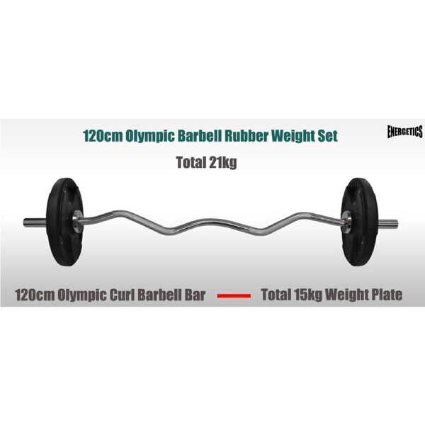 Total 21kg - 120cm Olympic Curl Barbell Weight Set - Rubber Coated Weight Plate