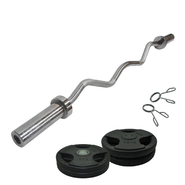 Total 31kg - 120cm Olympic Curl Barbell Weight Set - Rubber Coated Weight Plate