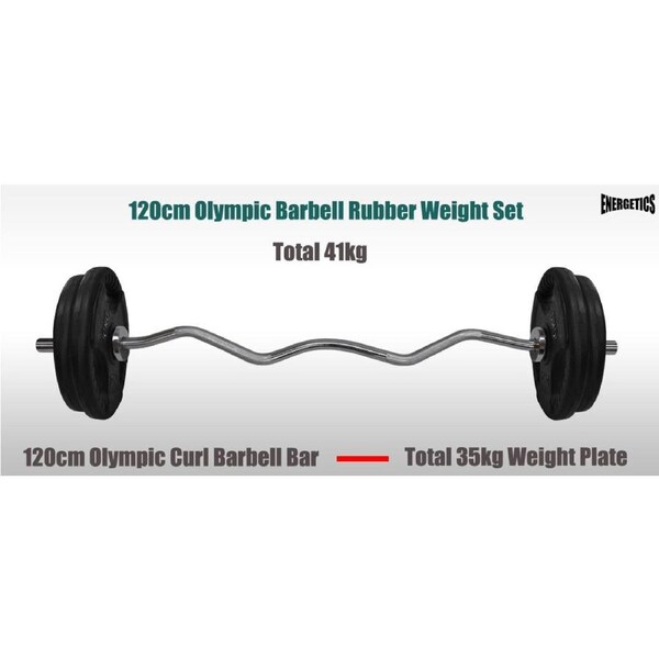 Total 41kg - 120cm Olympic Curl Barbell Weight Set - Rubber Coated Weight Plate
