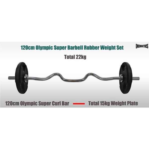 Total 22kg - 120cm Olympic Super Curl Barbell Weight Set - Rubber Coated Plate