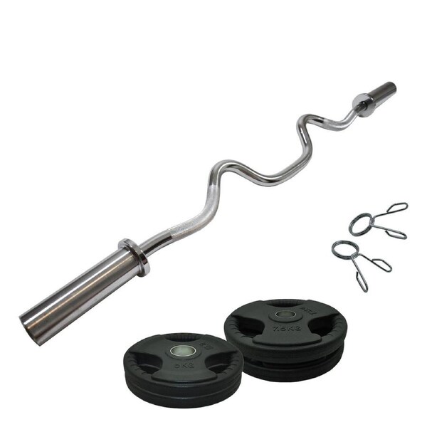Total 32kg - 120cm Olympic Super Curl Barbell Weight Set - Rubber Coated Plate