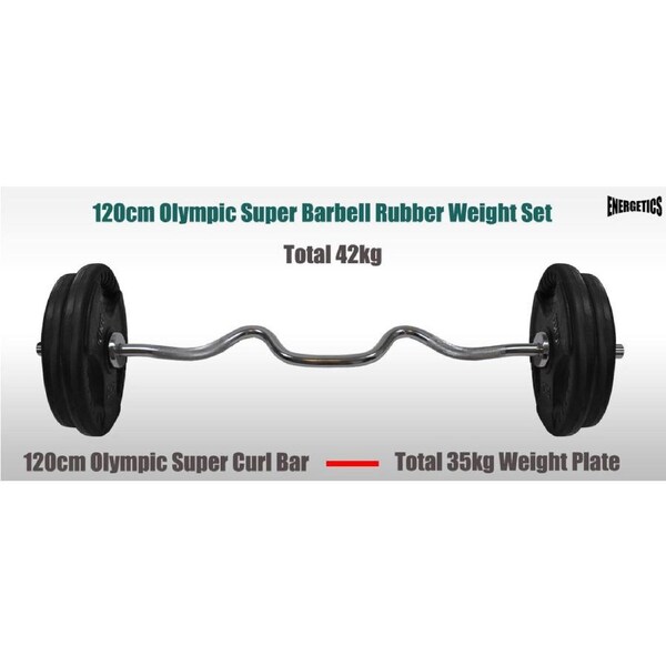 Total 42kg - 120cm Olympic Super Curl Barbell Weight Set - Rubber Coated Plate