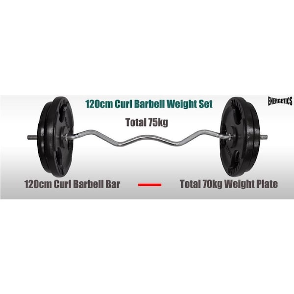 75kg Ez Grip Curl Barbell Weight Set - 120cm Curl Bar + 70kg Iron Weight Plates