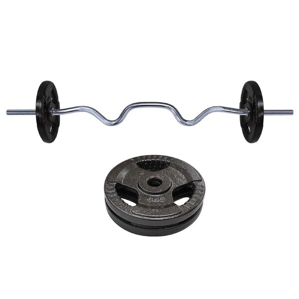 15kg - 120cm Super Curl Barbell Bar Weight Set + Ez Grip Cast Iron Weight Plate