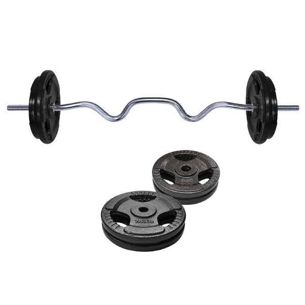 30kg - 120cm Super Curl Barbell Bar Weight Set + Ez Grip Cast Iron Weight Plate