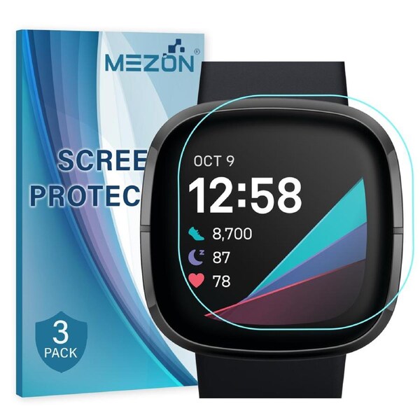 [3 Pack] Fitbit Sense Ultra Clear Screen Protector TPU Film for Fitness Tracker by MEZON – High Protection, Shock Absorption (Sense, Clear)