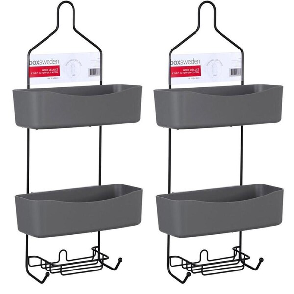 2x Boxsweden 60cm Wire Deluxe 2 Tier Shower Caddy w/ Detachable Holder/Tray BLK