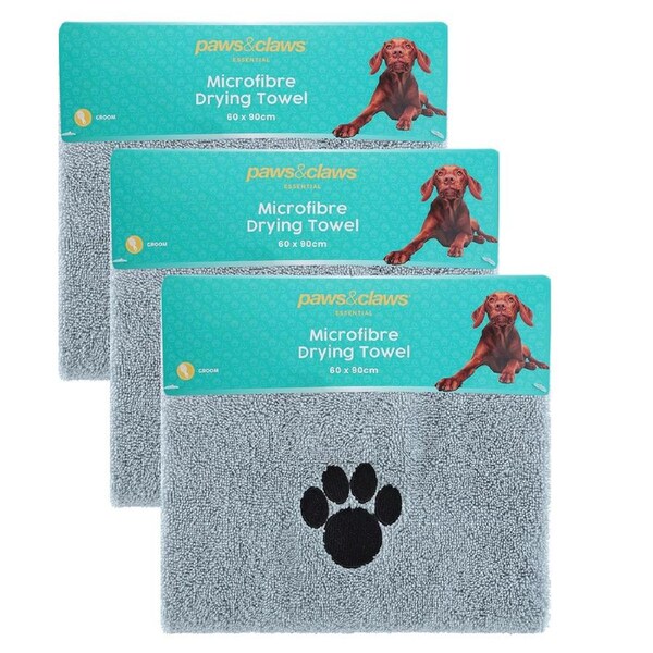 3x Paws & Claws 60x90cm Microfiber Drying Soft Towel Dogs/Cats/Pets Grooming BRN