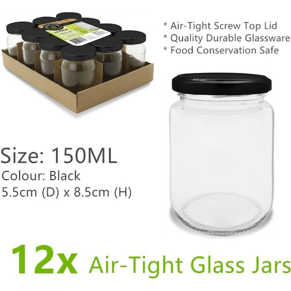 12x Air Tight Small 150ML Glass Jars w Black Lids Food Bottle Jam Spice Storage