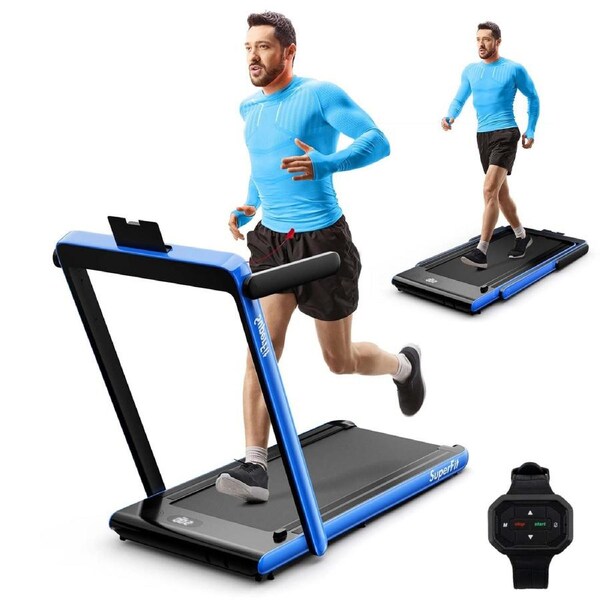 Costway 2 in 1 Electric Desk Treadmill 12kmh APP Folding Running Machine Home Gym Walking Pad 120kg Capacity Blue