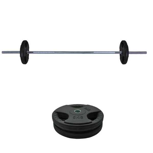 15kg Rubber Coated Ez Grip Cast Iron Weight Plate + 150cm Barbell Bar Weight Set
