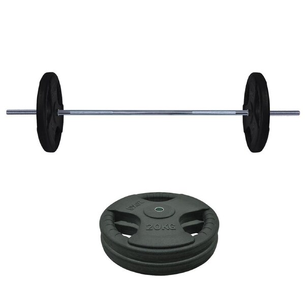 45kg Rubber Coated Ez Grip Cast Iron Weight Plate + 150cm Barbell Bar Weight Set