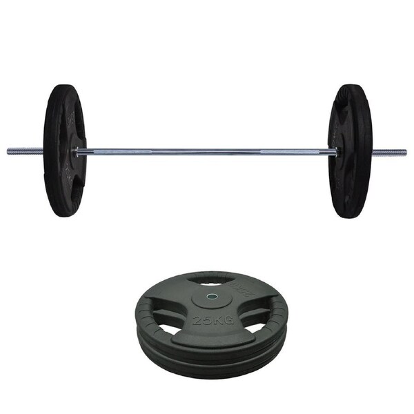 55kg Rubber Coated Ez Grip Cast Iron Weight Plate + 150cm Barbell Bar Weight Set