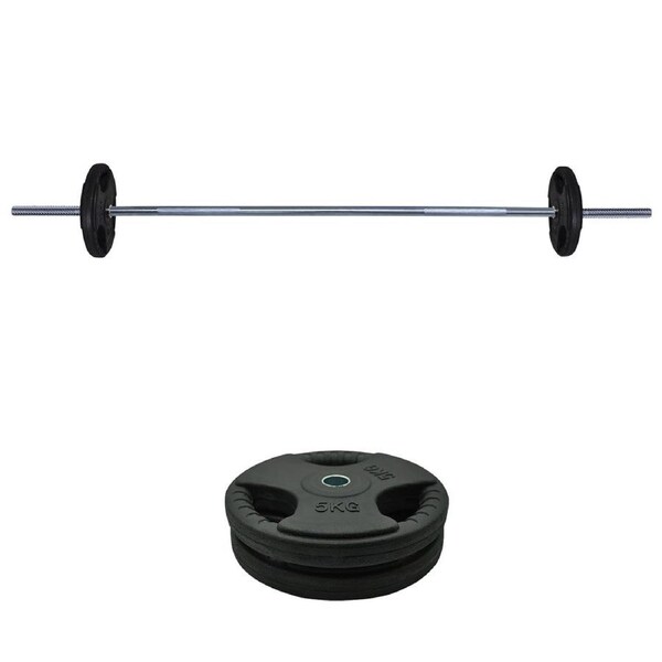 18kg Rubber Coated Ez Grip Cast Iron Weight Plate + 180cm Barbell Bar Weight Set