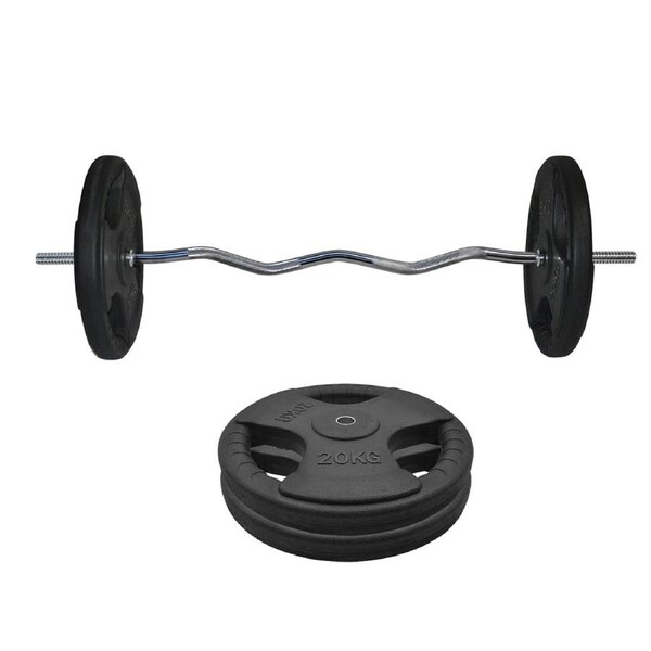 45kg Rubber Coated Ez Grip Cast Iron Weight Plate +120cm Curl Barbell Weight Set