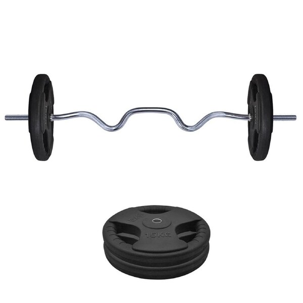 35kg Rubber Coated Cast Iron Weight Plate + 120cm Super Curl Barbell Weight Set
