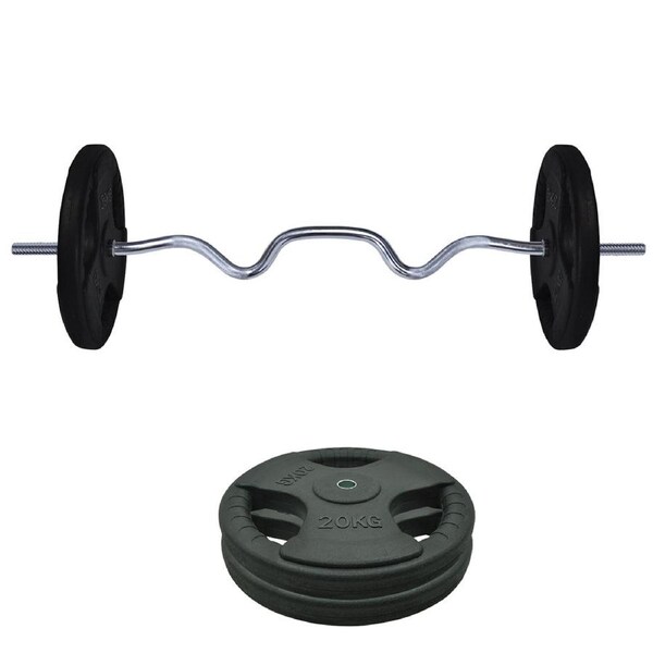 45kg Rubber Coated Cast Iron Weight Plate + 120cm Super Curl Barbell Weight Set