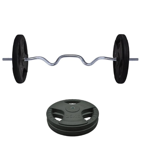 55kg Rubber Coated Cast Iron Weight Plate + 120cm Super Curl Barbell Weight Set