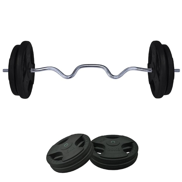 75kg Rubber Coated Cast Iron Weight Plate + 120cm Super Curl Barbell Weight Set