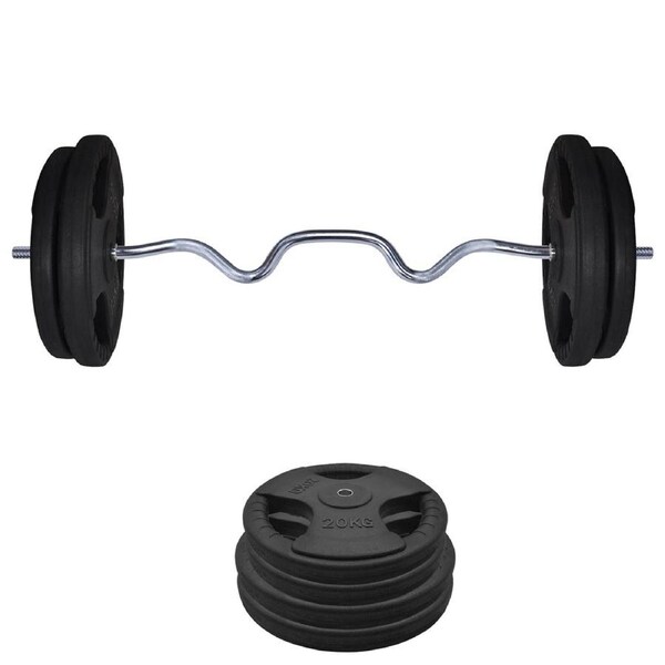 95kg Rubber Coated Cast Iron Weight Plate + 120cm Super Curl Barbell Weight Set