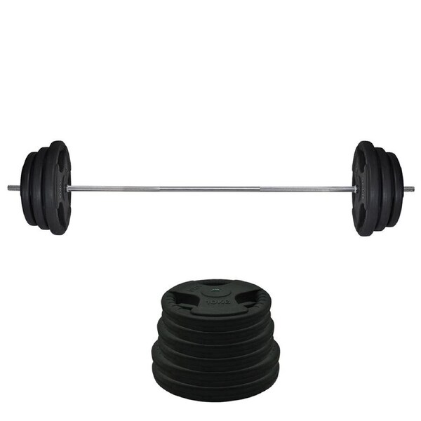 98kg Rubber Coated Ez Grip Cast Iron Weight Plate + 198cm Barbell Bar Weight Set