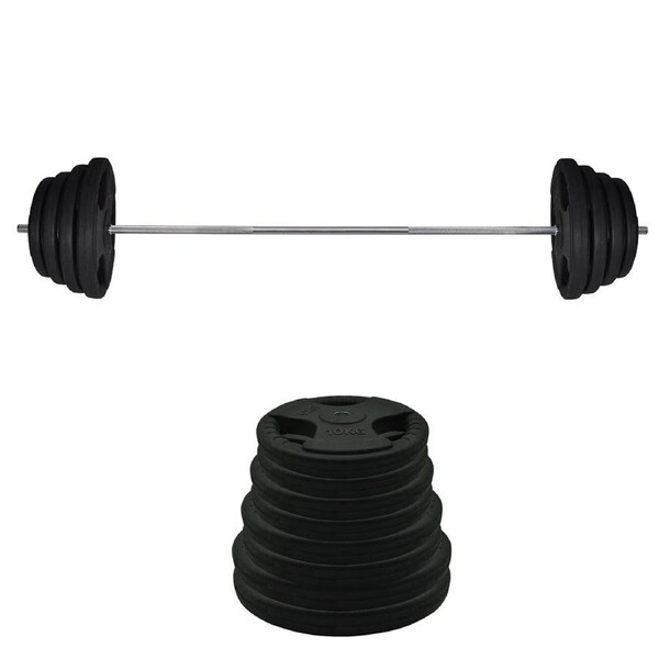 148kg Rubber Coated Ez Grip Cast Iron Weight Plate +198cm Barbell Bar Weight Set