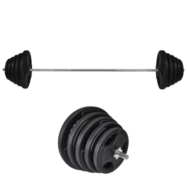 123kg Rubber Coated Ez Grip Cast Iron Weight Plate +198cm Barbell Bar Weight Set