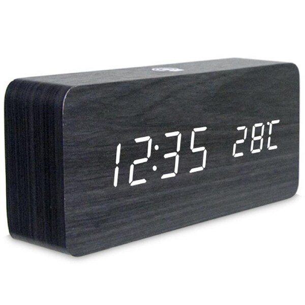 TODO Rechargeable LED Digital Alarm Clock Woodgrain USB Android iOS Control APP - Black