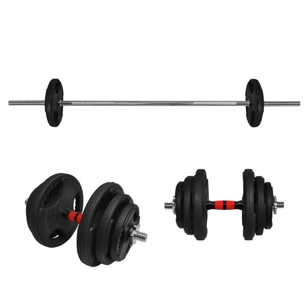 44kg Rubber Coated Weight Plate Set - 40cm Dumbell & 150cm Barbell Bar