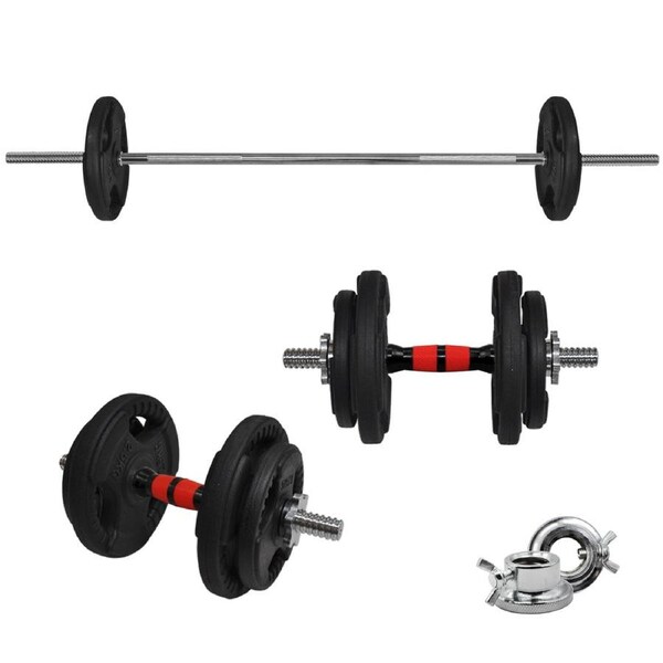 38kg Rubber Coated Weight Plate Set - 36cm Dumbell & 150cm Barbell Bar
