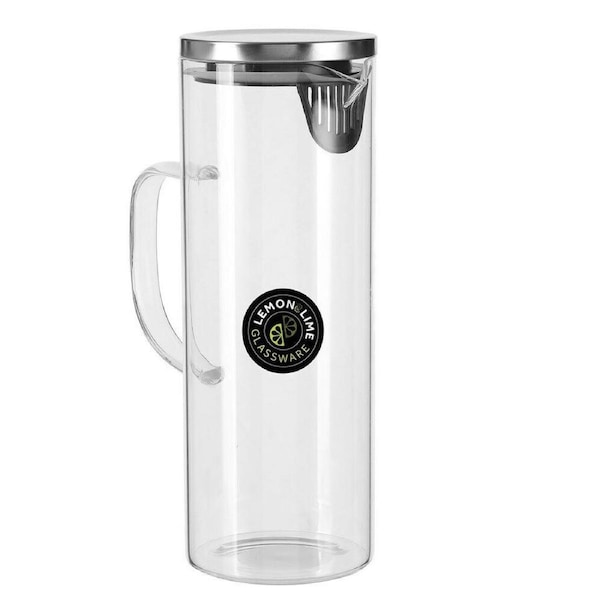 Glass Water Fridge Jug 1.8L Stainless Steel Lid Pitcher Juice Drinks Serving